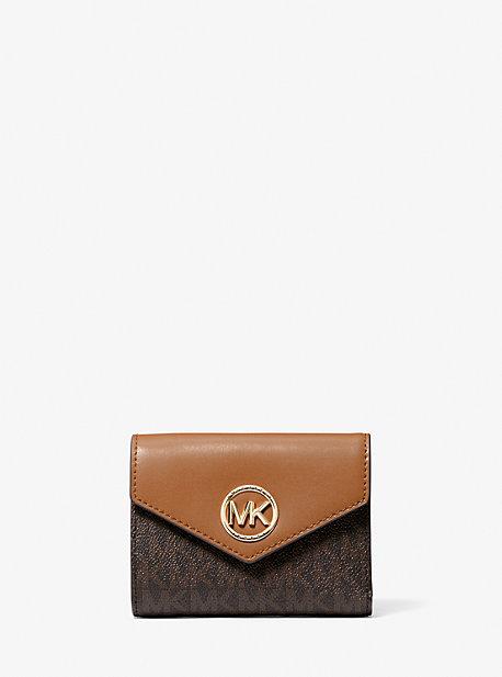 MK Carmen Medium Logo and Leather Tri-Fold Envelope Wallet - Brown - Michael Kors