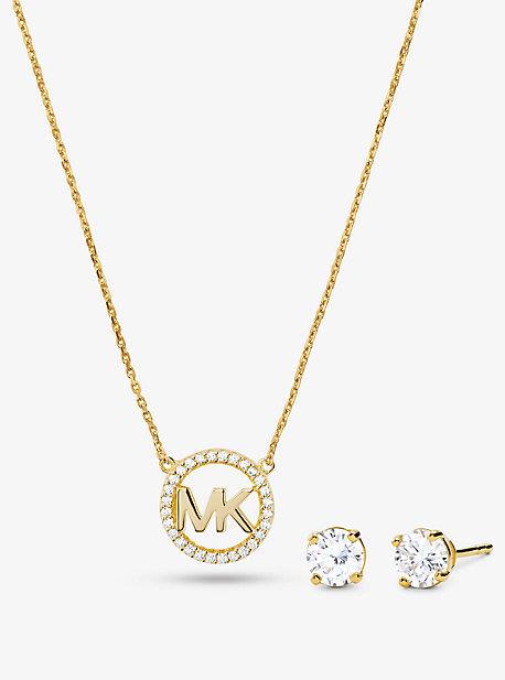 MK 14K Rose Gold-Plated Sterling Silver Pavé Logo Charm Necklace and Stud Earrings Set - Gold - Michael Kors