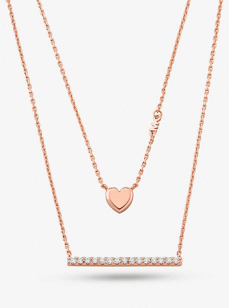 MK Precious Metal-Plated Sterling Silver Double Heart and Pavé Bar Necklace - Rose Gold - Michael Kors