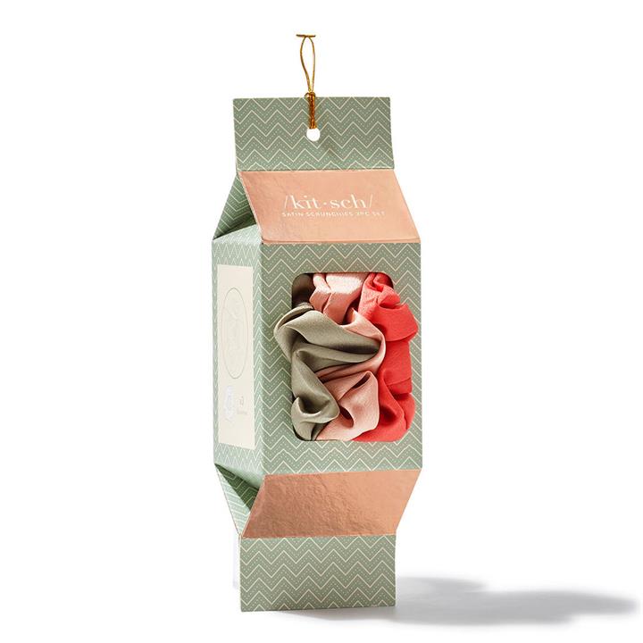Kitsch Holiday Ornament Satin Scrunchies 3pc - Pinksettia