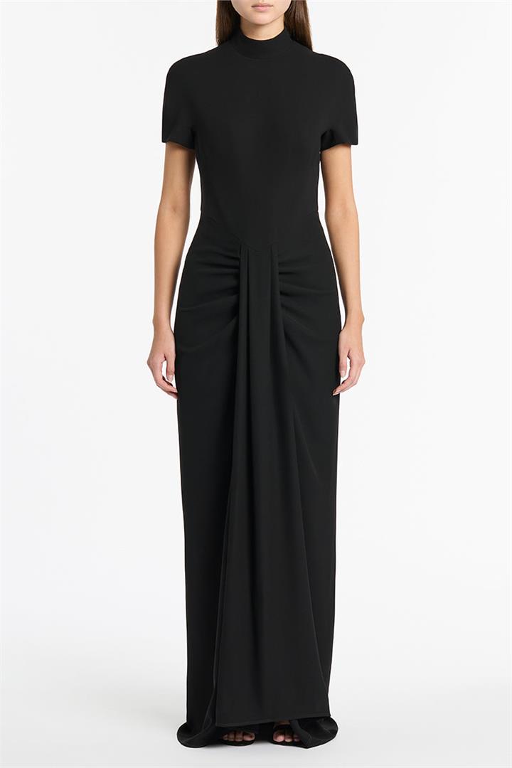 BLACK CREPE FITTED WATERFALL GOWN, 06