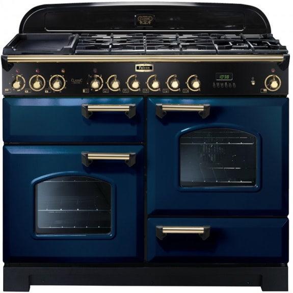 Falcon Classic Deluxe 110cm 5 Burner Dual Fuel Cooker - Royal Blue and Brass