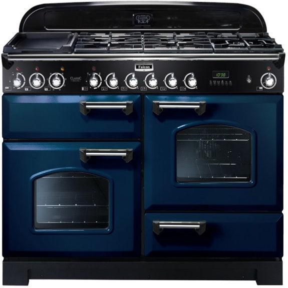 Falcon Classic Deluxe 110cm 5 Burner Dual Fuel Cooker - Royal Blue and Chrome